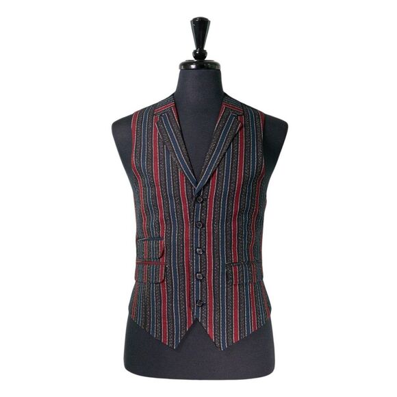 Mens Vest 40R Red Blue Black Striped Wool Waistcoat Formal Wedding Party Prom